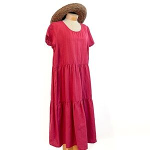 Gudrun Sjoden Dress Cotton/Linen Solid Fuchsia Tiered Skirt Size Large Lagenlook